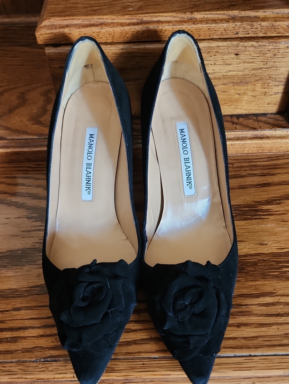 Manolo Blahnik Black Suede Pointed Toe Pumps with Rosette Accent